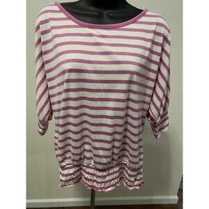 Lena Womens Size Medium White Purple Stripes Top Stretch Waist Area